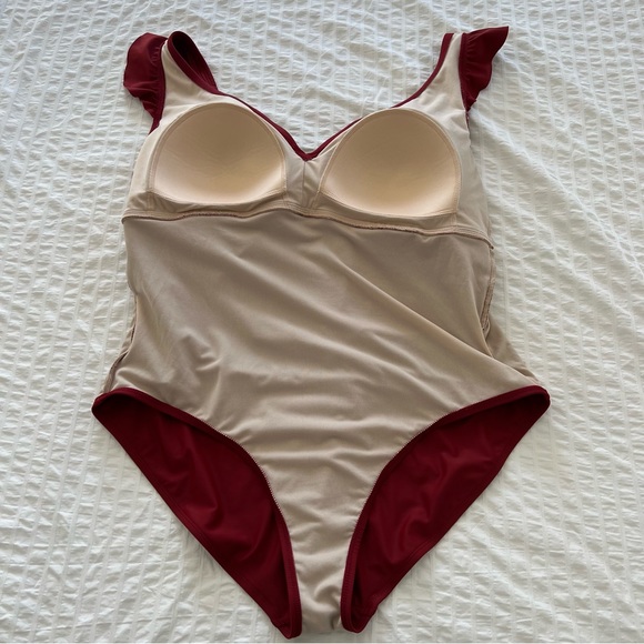 Kona Sol Ruffle Shoulder High Coverage One Piece Swimsuit in Deep Red, 24W - Picture 5 of 9